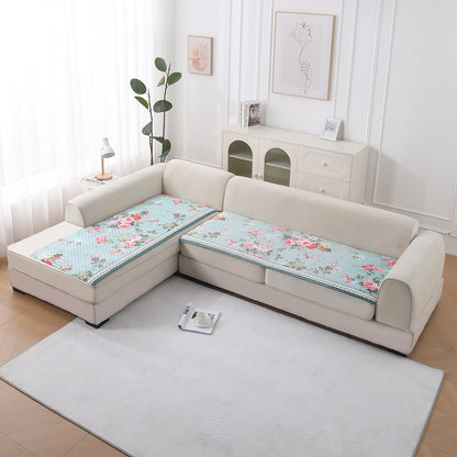 LiefNest Printed Holland Velvet L Shape Sofa Seat Mat with Foam Filling - Fresh Floral Pastel Blue