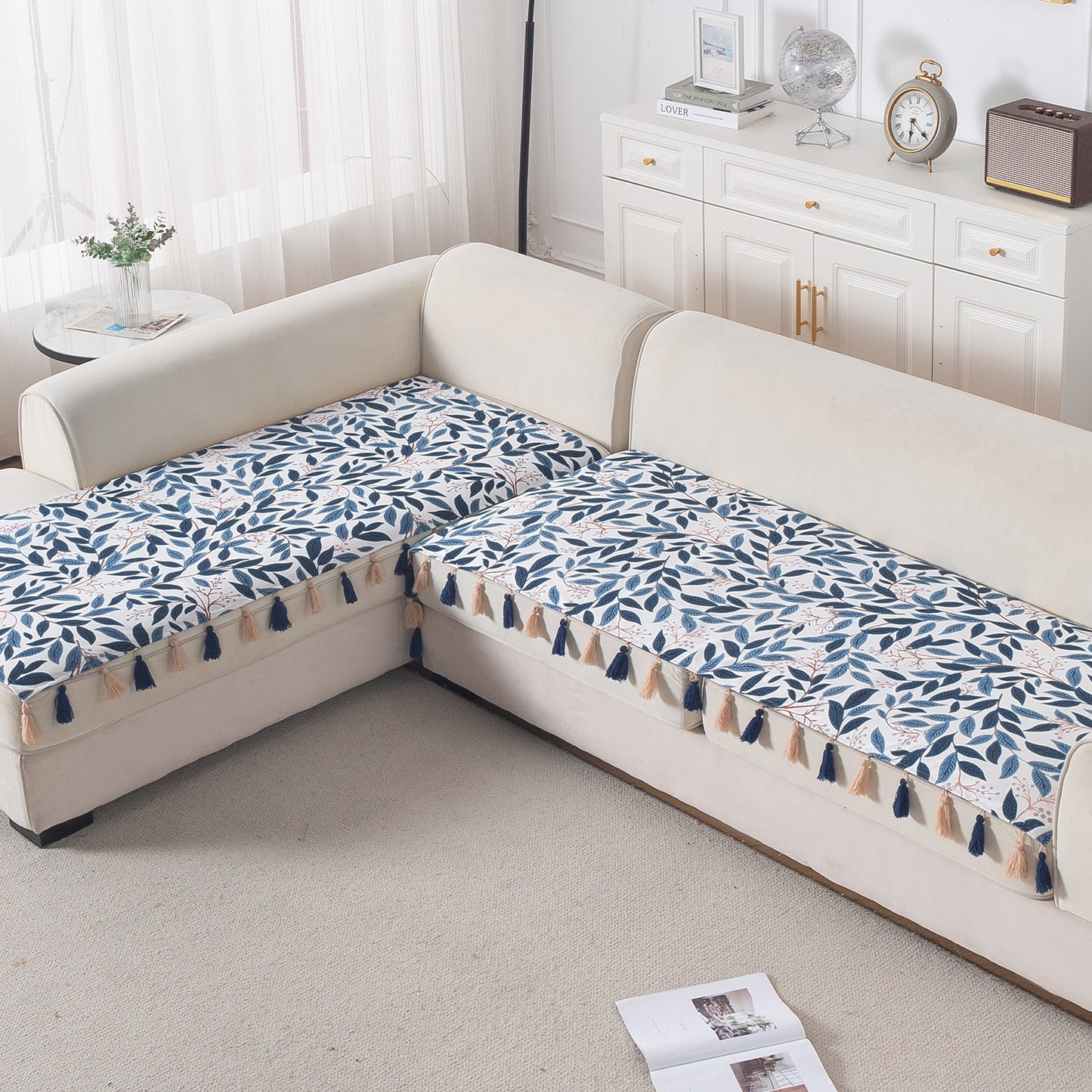 'Whispers of Nature' Series Holland Velvet L Shape Sofa Cover Seat Mat with Tassels, Indigo Foliage