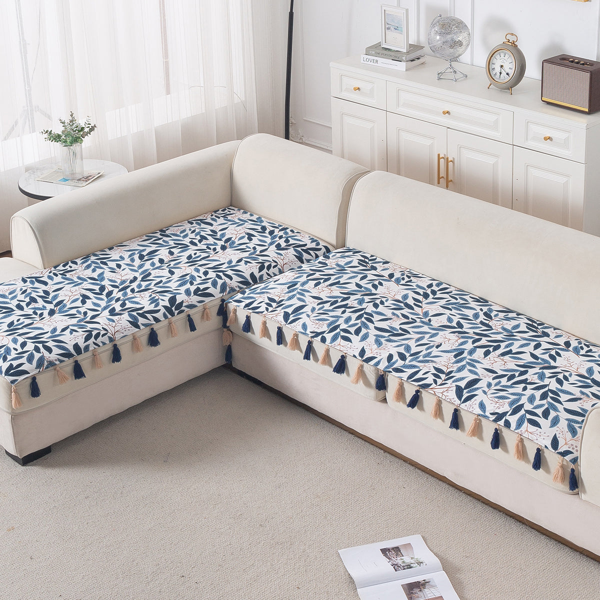 'Whispers of Nature' Series Holland Velvet L Shape Sofa Cover Seat Mat with Tassels, Indigo Foliage