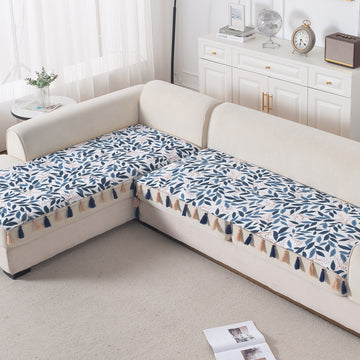 'Whispers of Nature' Series Holland Velvet L Shape Sofa Cover Seat Mat with Tassels, Indigo Foliage
