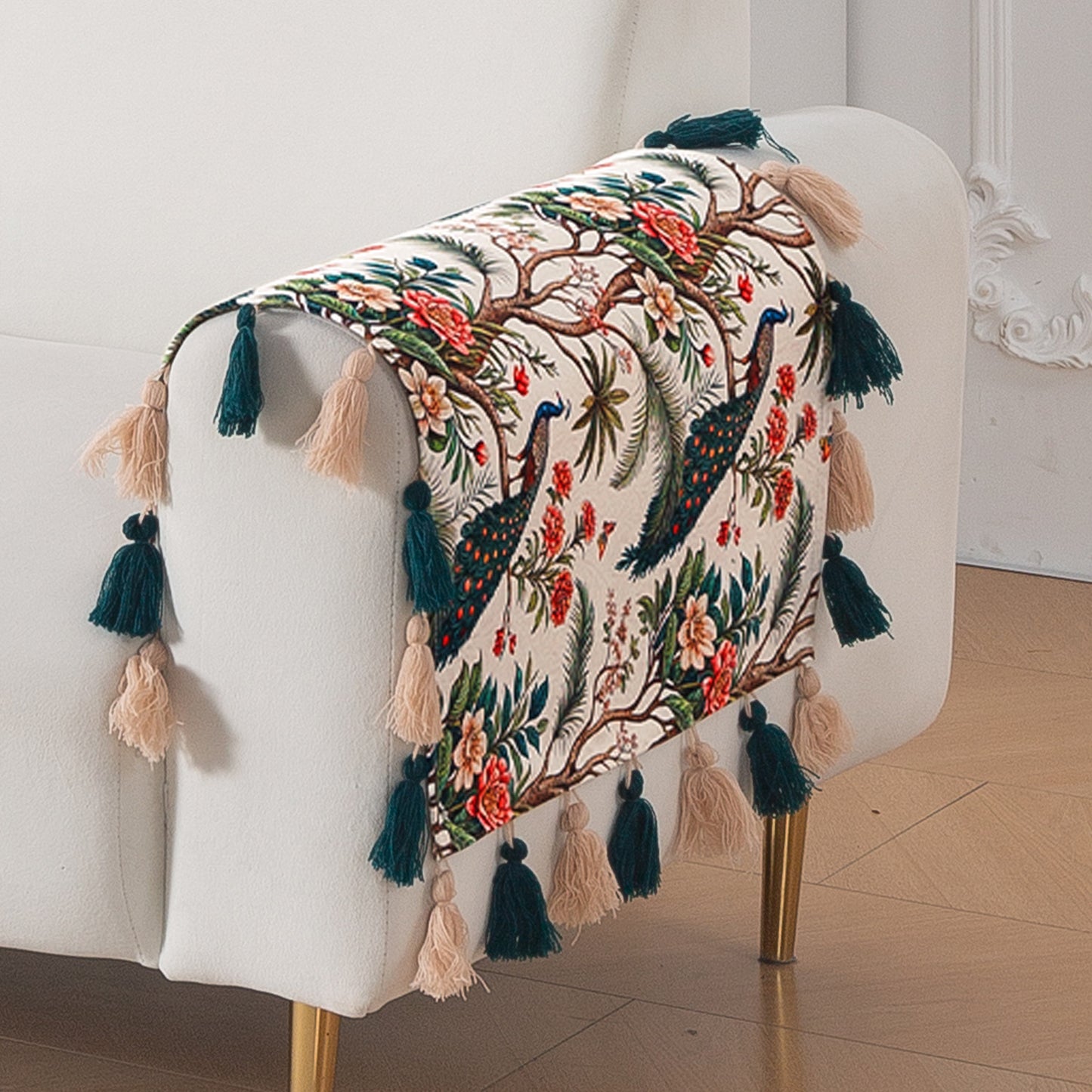 'Whispers of Nature' Series Holland Velvet Sofa Cover with Tassel, Multicolor Tropical Peacock