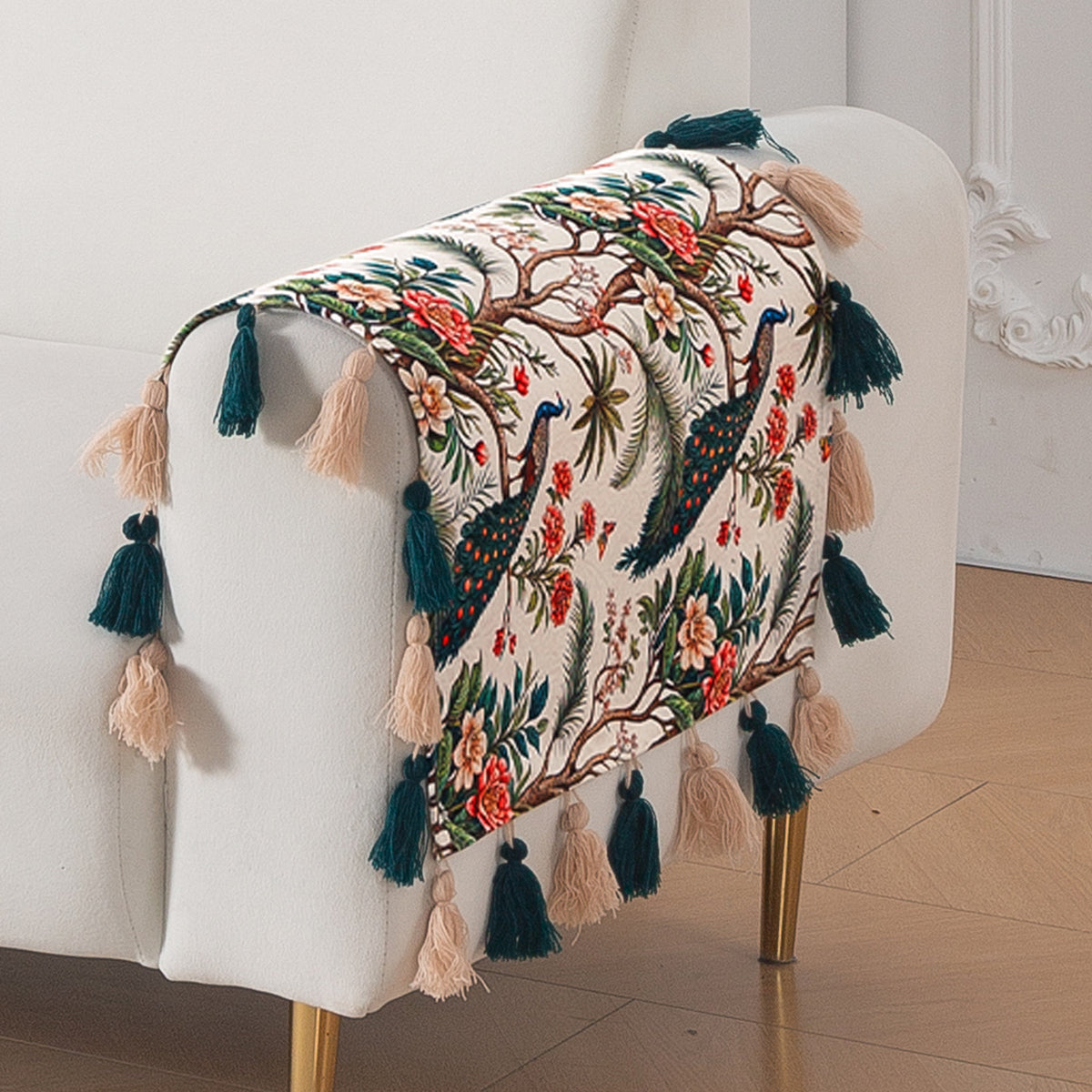 'Whispers of Nature' Series Holland Velvet Sofa Cover with Tassel, Multicolor Tropical Peacock