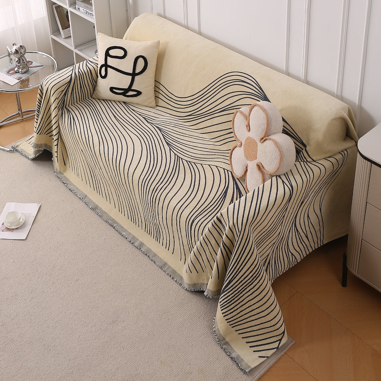 WaveLoom Collection Printed Chenille Sofa Cover Throw Blanket, Grey