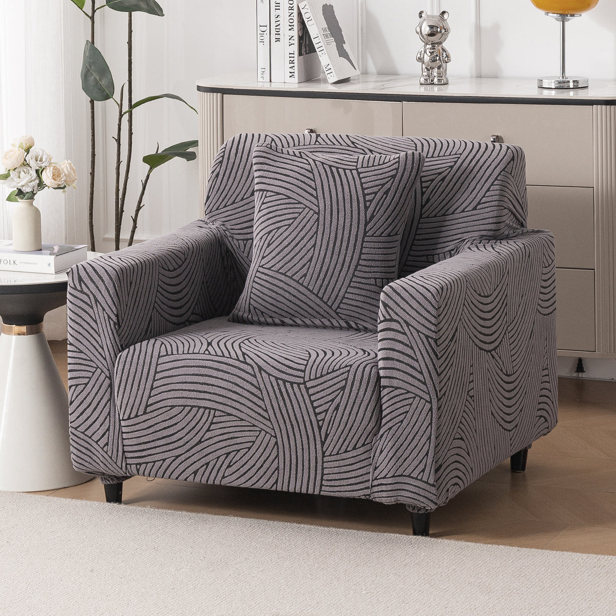 Buy charcoal grey colour waveline series jacquard single seater sofa cover​