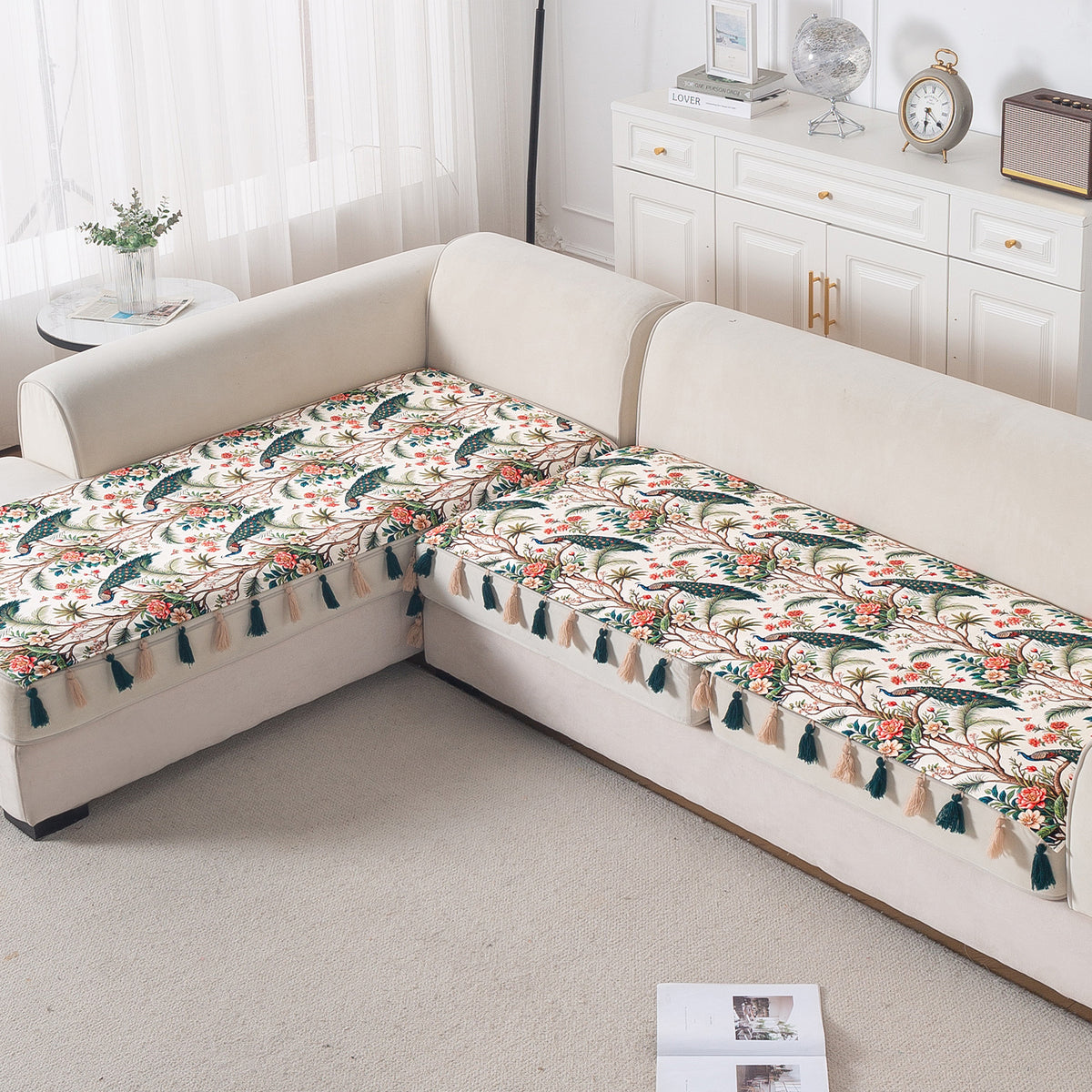 Whispers of Nature' Series Holland Velvet L Shape Sofa Cover Seat Mat with Tassels, Multicolor Tropical Peacock