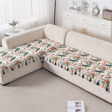 Whispers of Nature' Series Holland Velvet L Shape Sofa Cover Seat Mat with Tassels, Multicolor Tropical Peacock