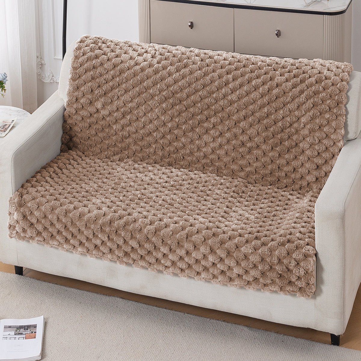 'BunnySoft Series' Plush Sofa Cover Throw for Sofa Seat & Back, Canvas Brown
