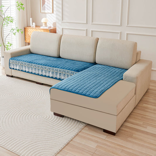 BelleLace Series Imperial Milk Velvet L Shape Sofa Cover Mat with Lace Design - Celdaon Blue