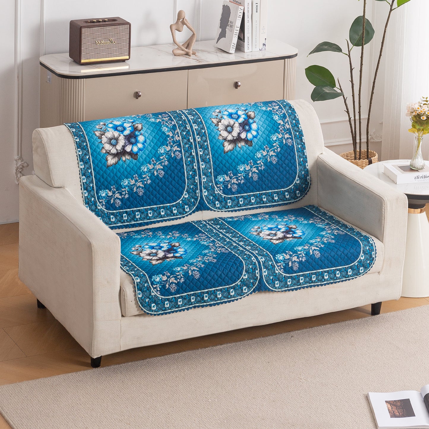LoomVerse Quilted Sofa Cover Set Washable Sofa Panel for Seat & Back - Royal Meadow