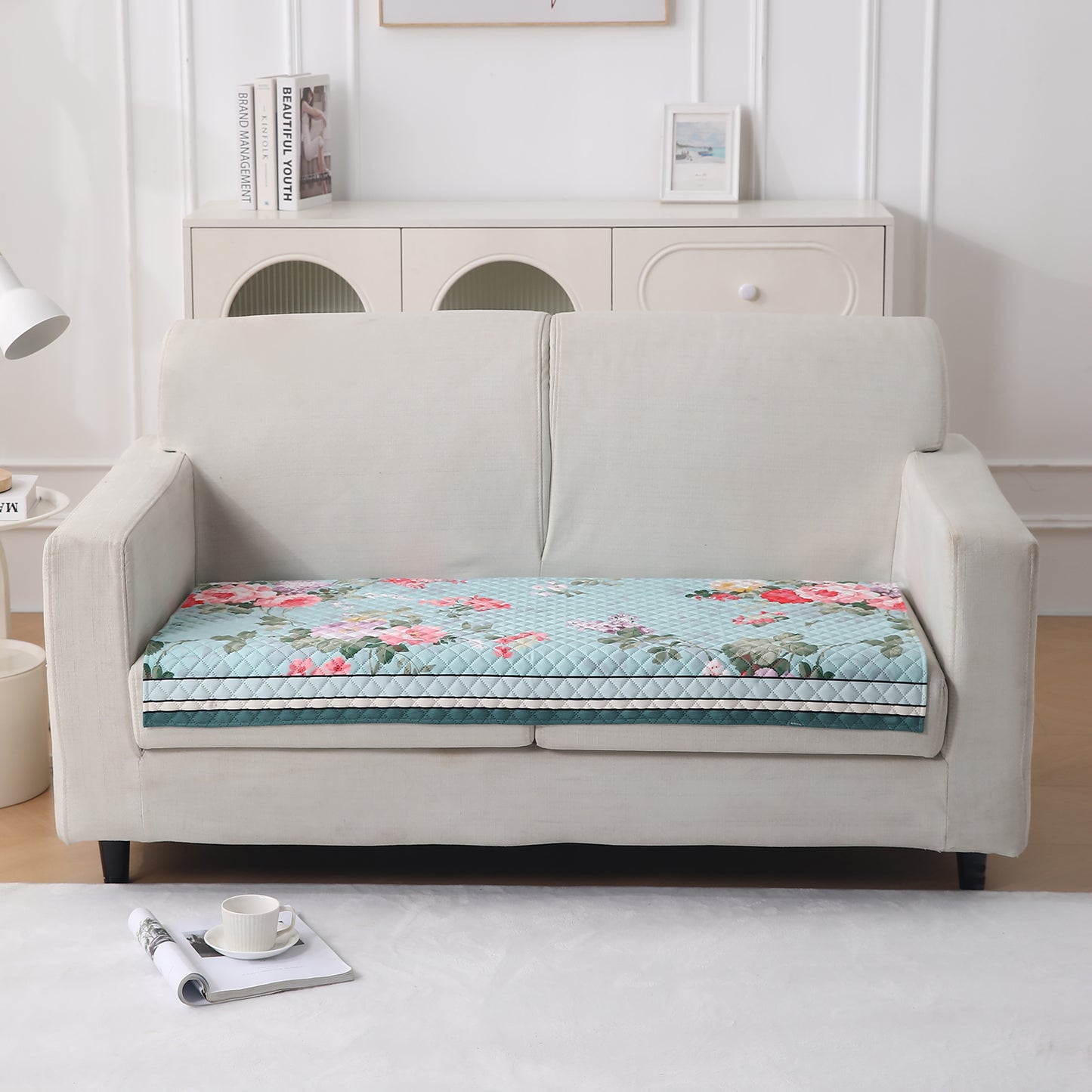 LiefNest Printed Holland Velvet Sofa Mat with Foam Filling - Fresh Floral Pastel Blue for 1/2/3 Seater & Armrest