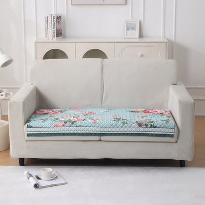 LiefNest Printed Holland Velvet Sofa Mat with Foam Filling - Fresh Floral Pastel Blue for 1/2/3 Seater & Armrest