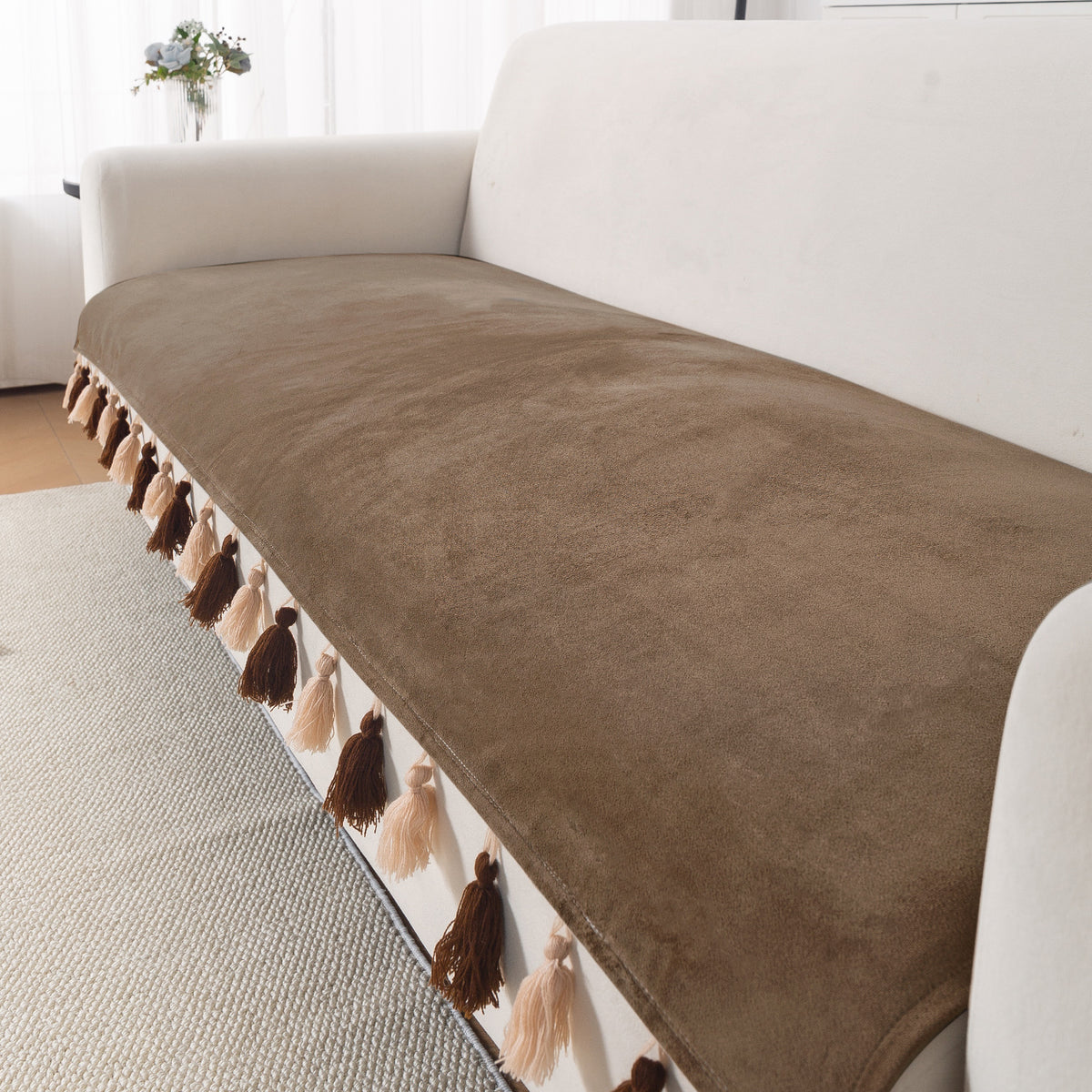 Tassel Tone Holland Velvet Sofa Cover Mat, Warm Taupe