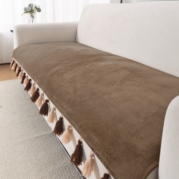 Tassel Tone Holland Velvet Sofa Cover Mat, Warm Taupe