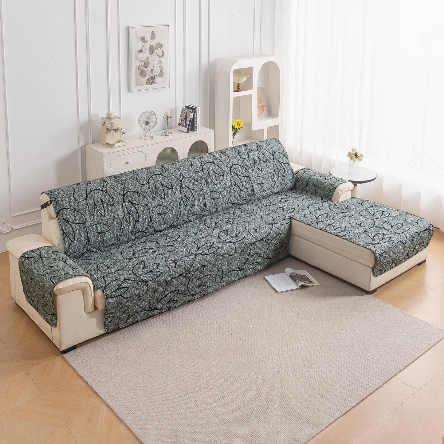 Elira Series Quilted One-Piece L Shape Sofa Cover Mat with Left and Right Chaise, Intense Grey Abstract Floral
