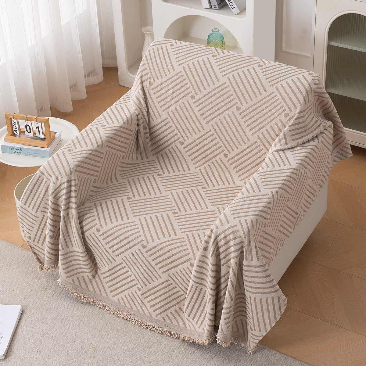 Premium 320 GSM Chenille Sofa Cover Throw All Season 'Serene Abode Series', Beige Geo Weave