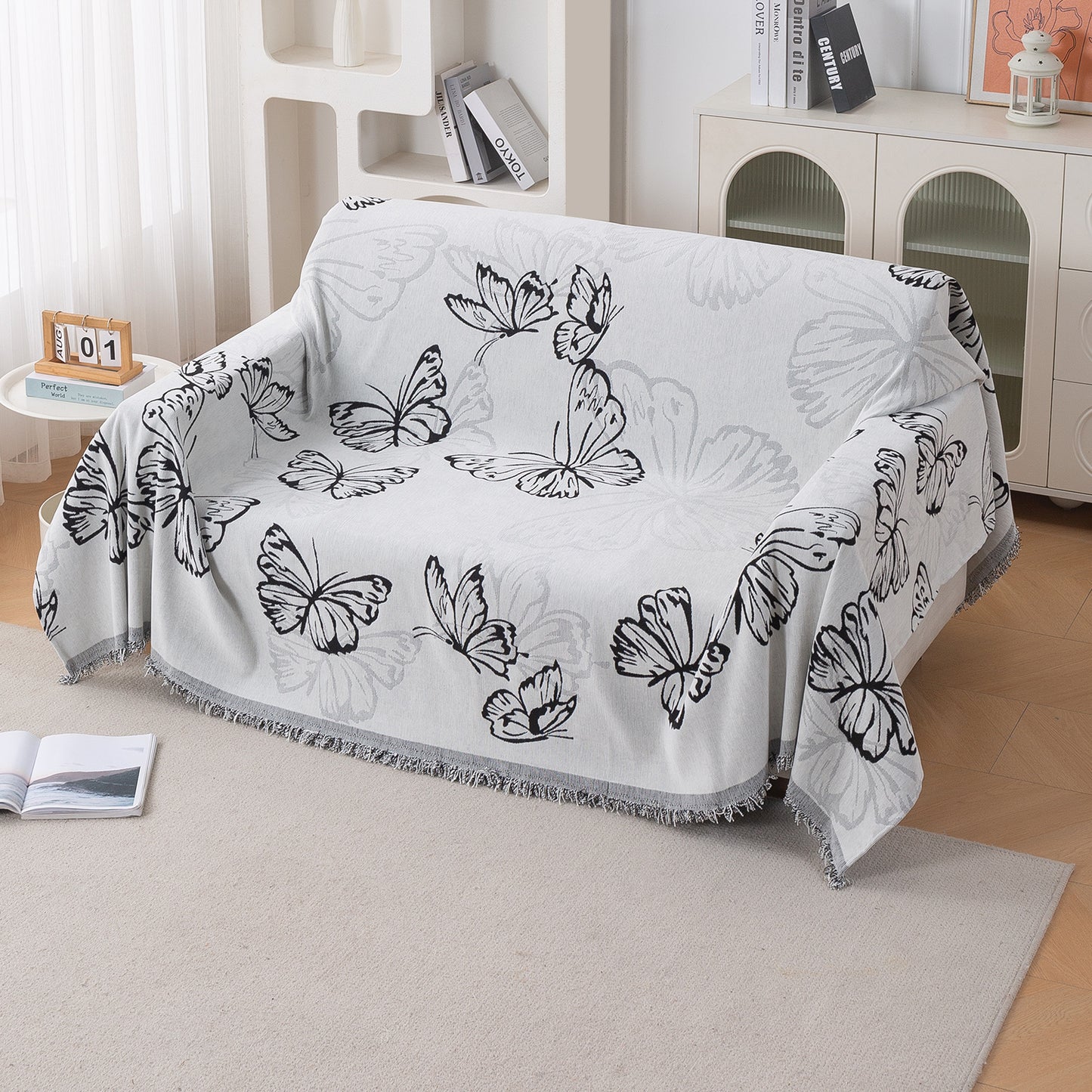 Premium 320 GSM Chenille Sofa Cover Throw All Season 'Serene Abode Series', Monochrome Butterfly