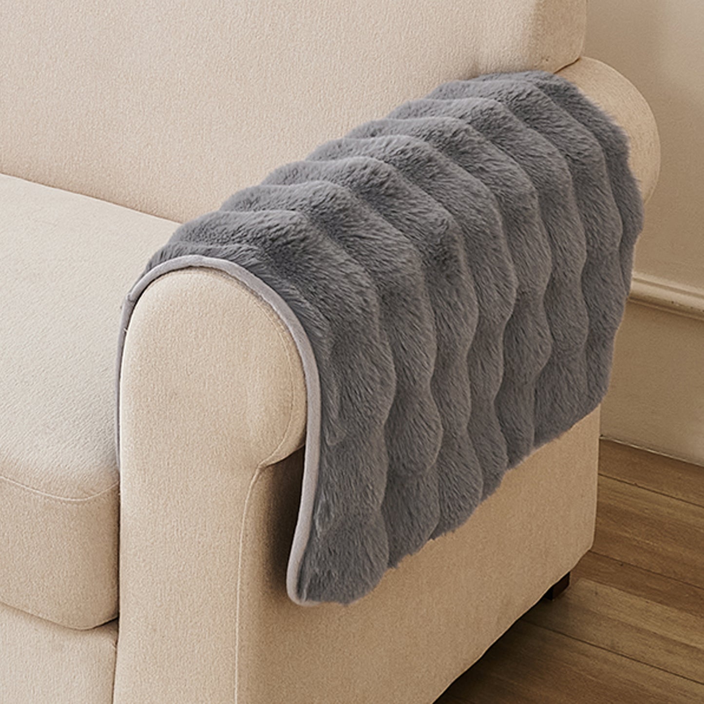 Premium Faux Rabbit Fur Anti Slip Sofa Mat for 1/2/3 Seater, Cool Grey