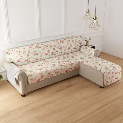 HomeHues Series Quilted Sofa Cover with Secure Fit Belt for L Shape sofa, Beige Peonies