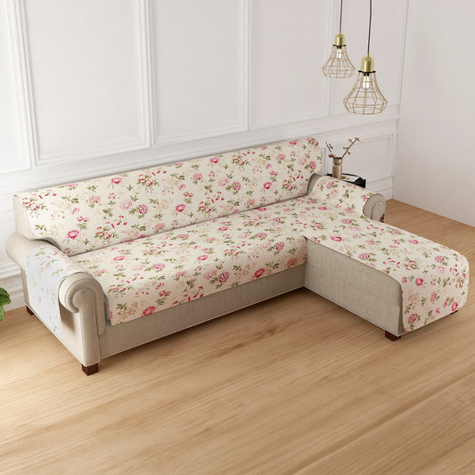 HomeHues Series Quilted Sofa Cover with Secure Fit Belt for L Shape sofa, Beige Peonies