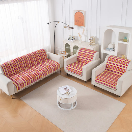Artisan Boho Series 5-Seater Sofa Cover with Tassels (3+1+1), Ruby Red