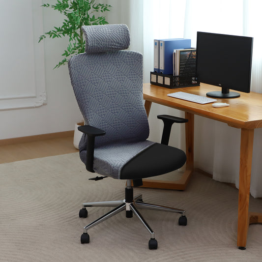Office Chair Cover with Headrest (High-Back) – 170 GSM Stretch Jacquard – Washable, Anti-Slip Fit for Ergonomic Mesh Office Chairs, Dark Grey