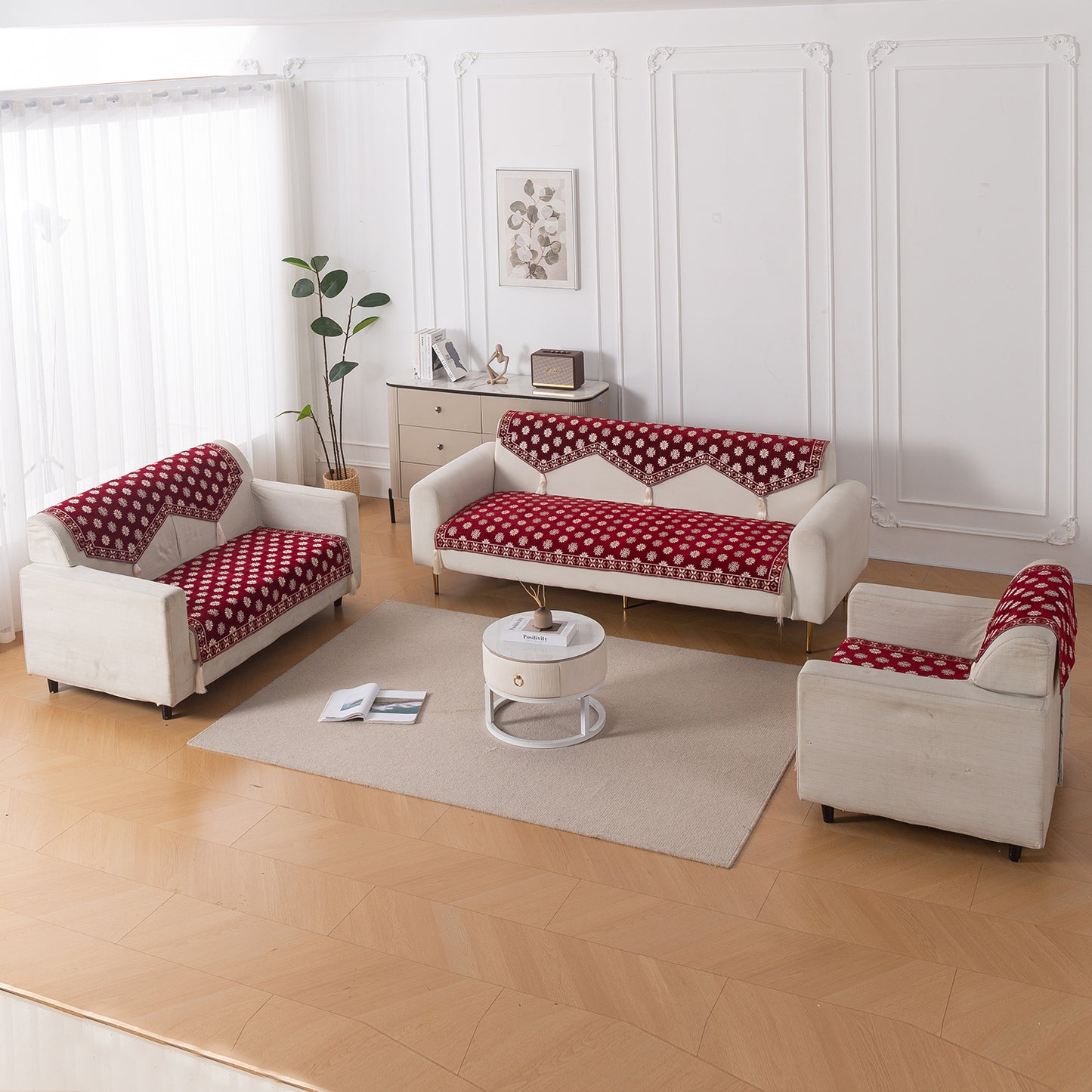 Heritage Weave Premium Jacquard Sofa Cover Set with Tassels -  Crimson Red