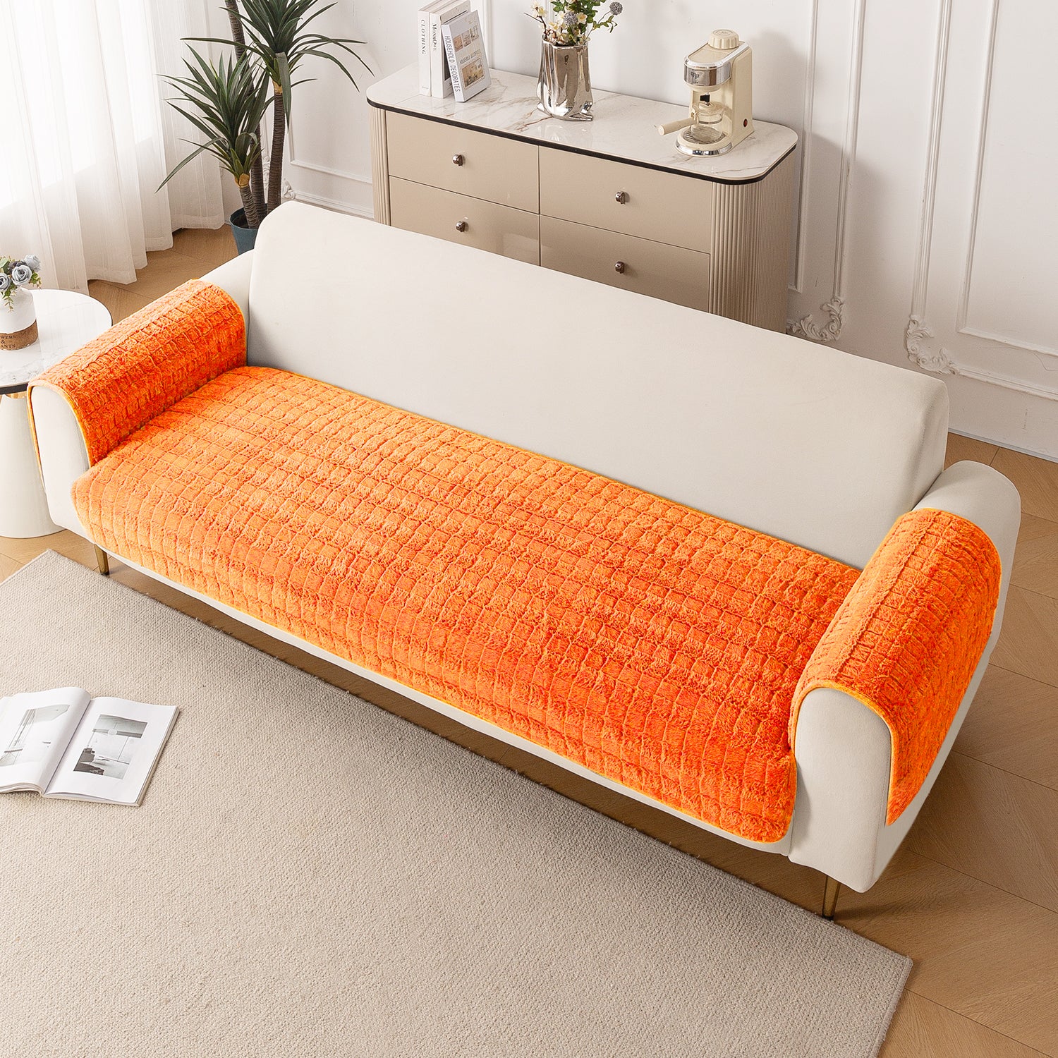 Premium Plush Sofa Cover Mat with 2 Arm Cover, Orange – HOKIPO
