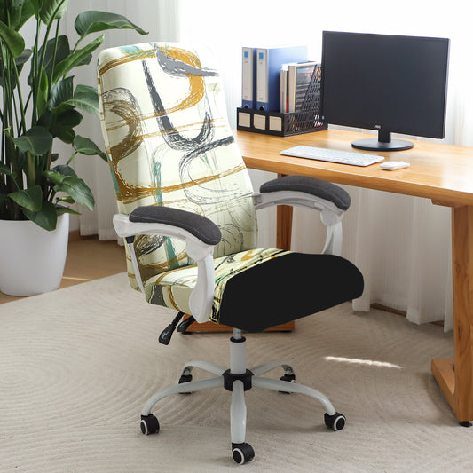 Printed Office Chair Cover for Executive Chair (High-Back) – 140 GSM Stretchable Fabric – Washable & Anti-Slip – Fits Big & Tall Office Chairs, Parchement Beige Abstract Art