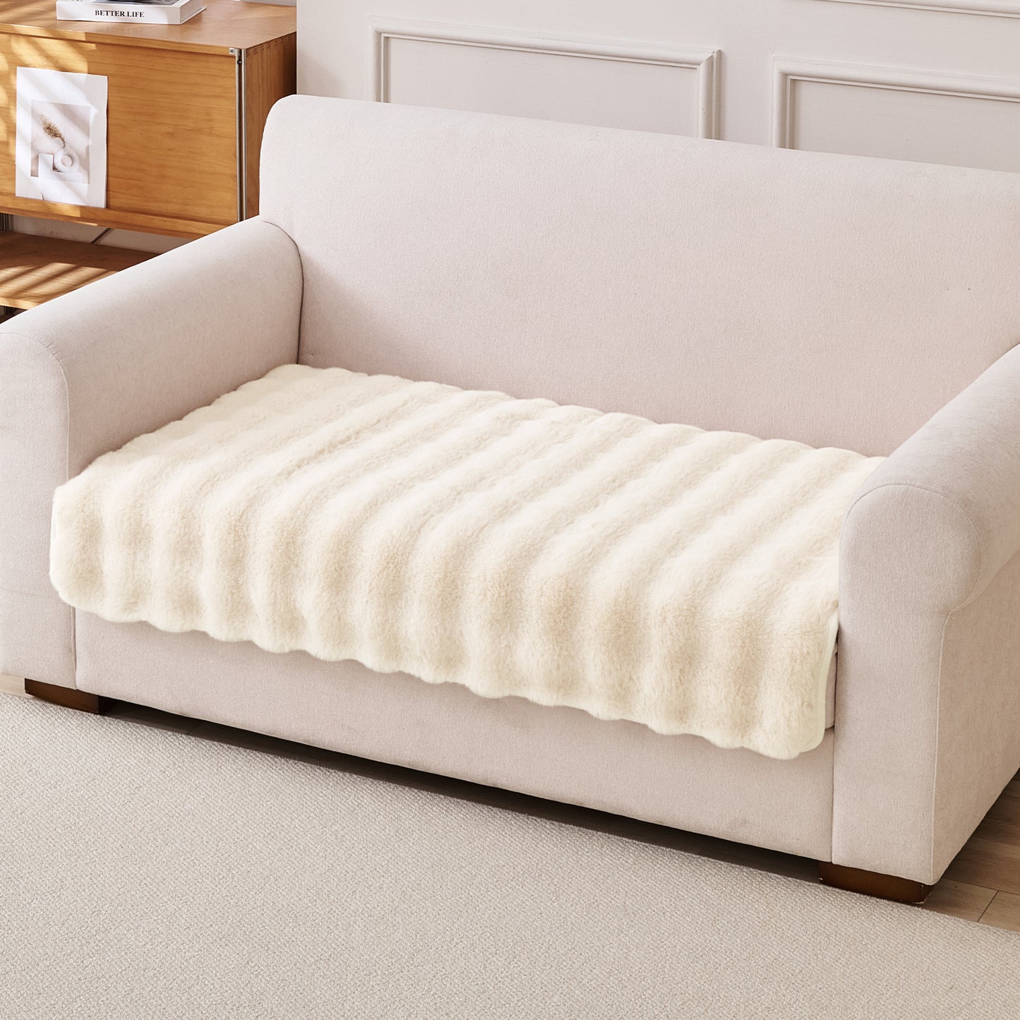 Premium Faux Rabbit Fur Anti Slip Sofa Mat for 1/2/3 Seater, Beige