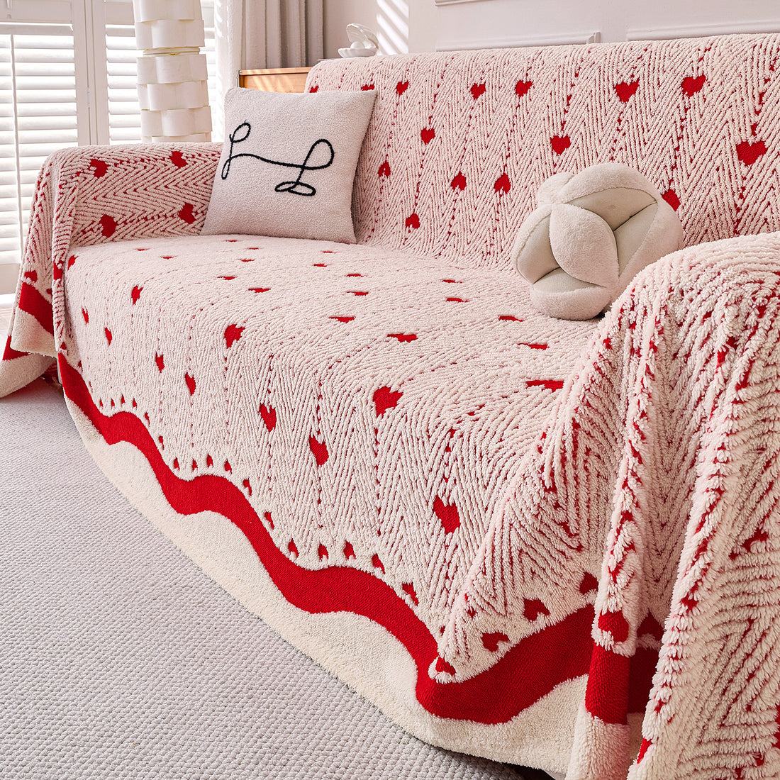 Buy Cherry Cream Colour Cozy Heart Series Luxury Plush Sofa Throw for Complate Sofa | HOKIPO