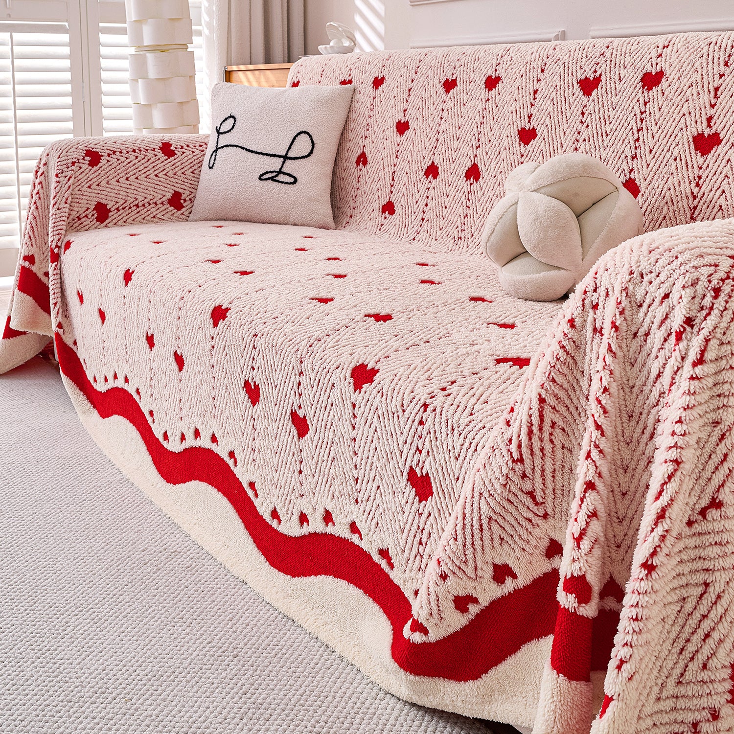 Buy Cherry Cream Colour Cozy Heart Series Luxury Plush Sofa Throw for Complate Sofa | HOKIPO