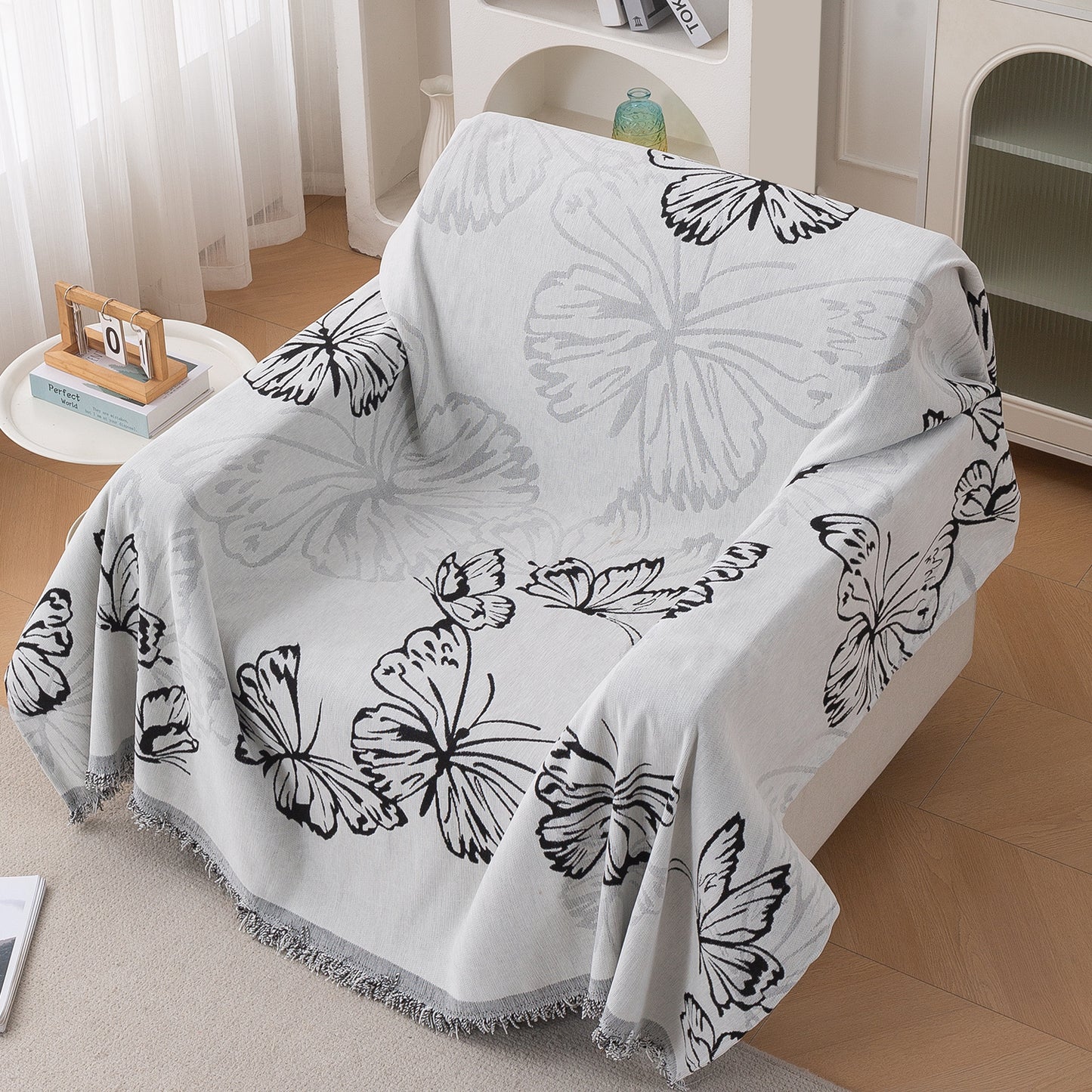 Premium 320 GSM Chenille Sofa Cover Throw All Season 'Serene Abode Series', Monochrome Butterfly