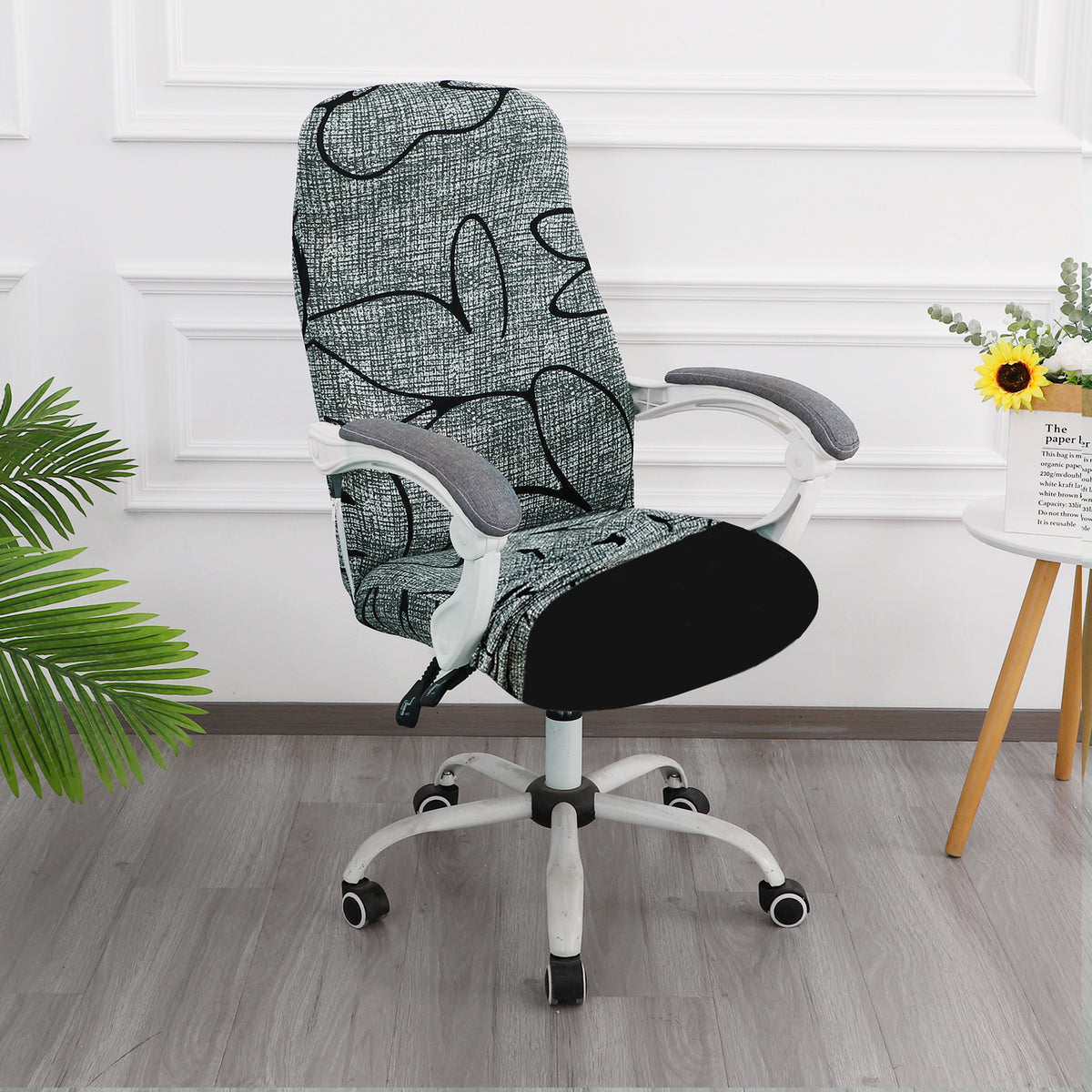 Printed Office Chair Cover for Desk Chair (Mid-Back) – 140 GSM Stretch Fabric – Washable & Anti-Slip – Fits Mid-Back Office Chairs, Intense Grey Abstract Floral - Medium