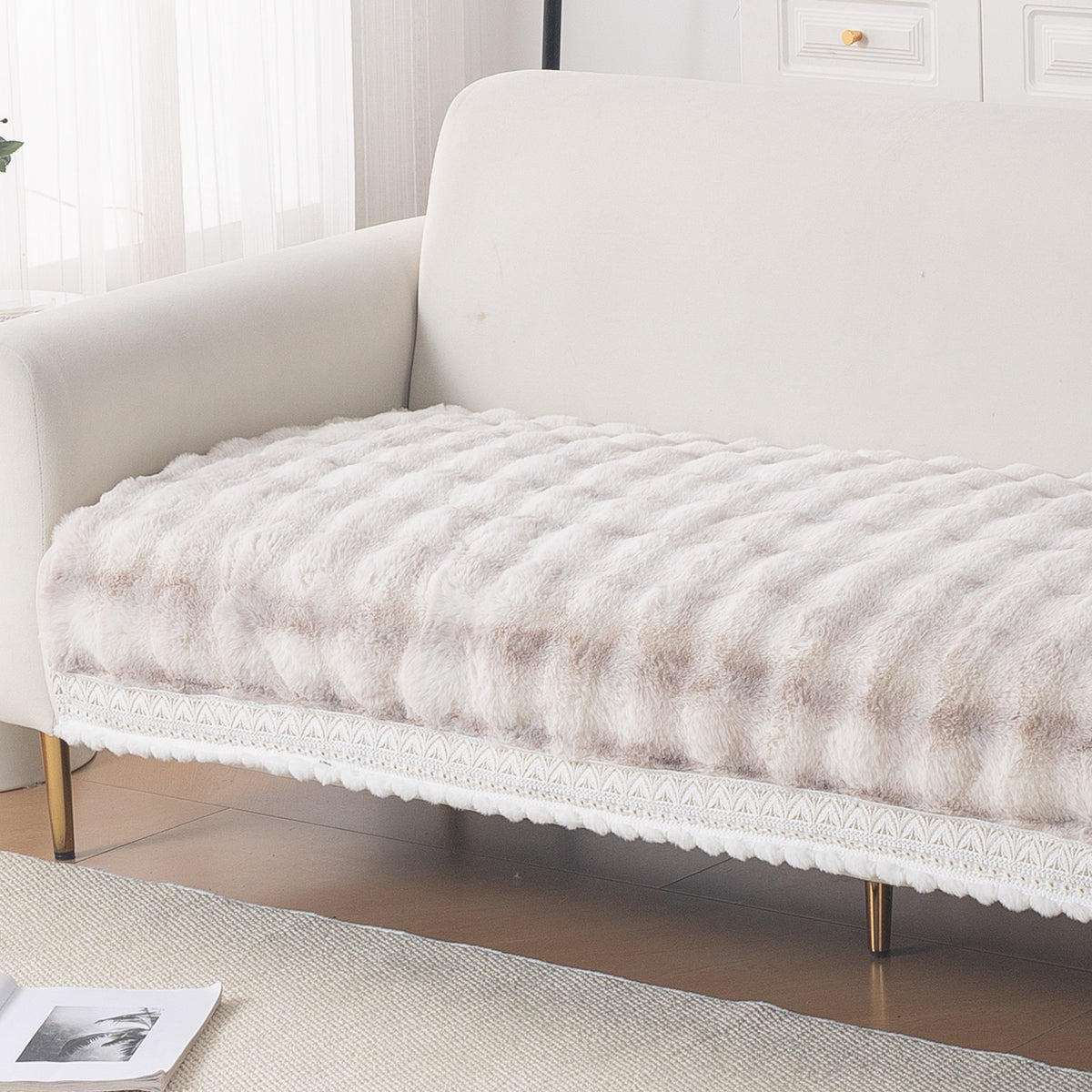 Faux Rabbit Fur Sofa Cover with Lace |Gradient Rabbit Plush, Cream