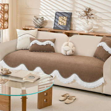 French Classic Frill Wavy Sofa Cover Mat with Curve & Lace - Mocha Luxe Brown
