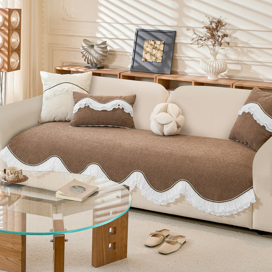 French Classic Frill Wavy Sofa Cover Mat with Curve & Lace - Mocha Luxe Brown