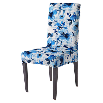Premium Printed Velvet Dining Chair Cover Set, Blue Azure Botanical