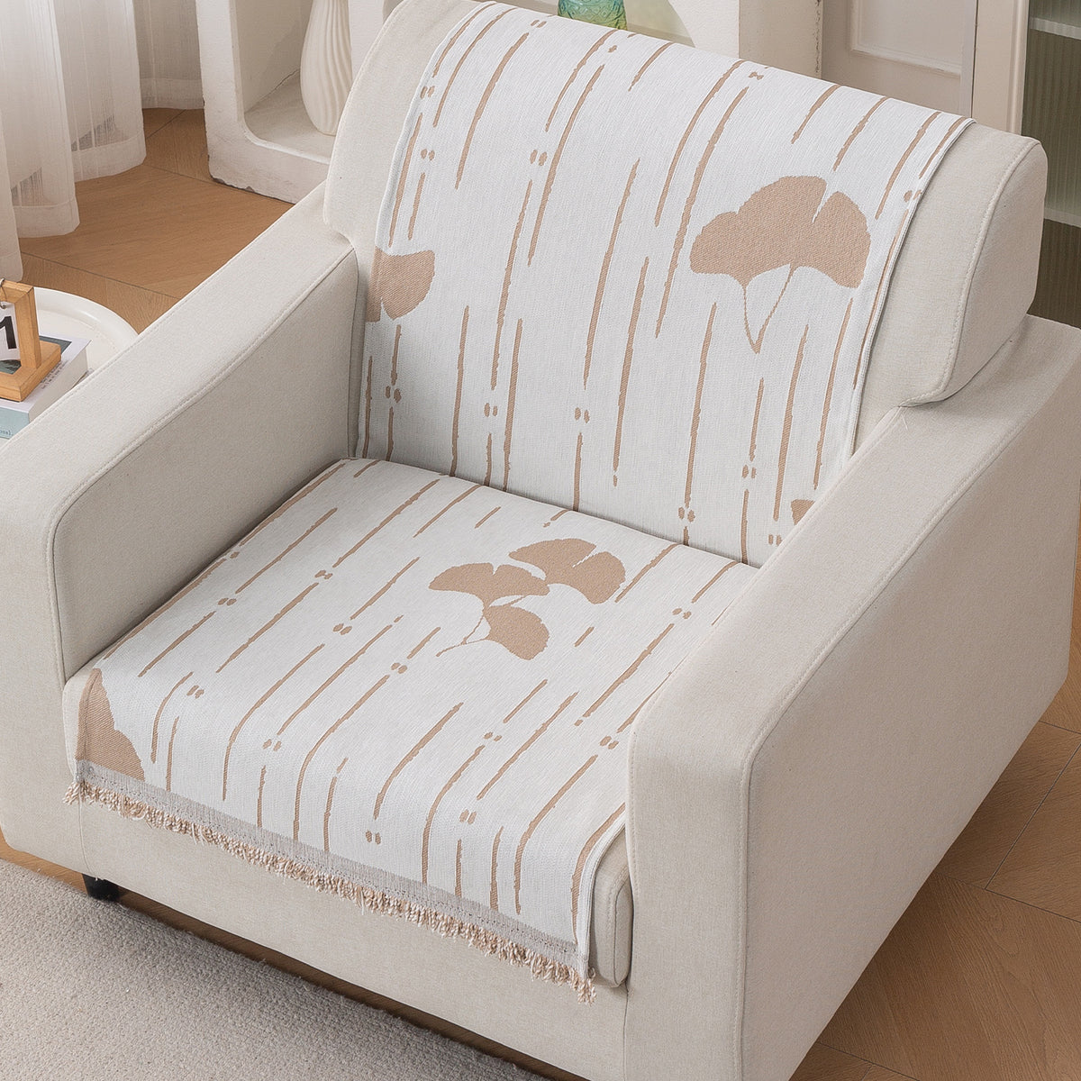 Premium 320 GSM Chenille Sofa Cover 'Serene Abode Series', Beige Ginkgo Lines