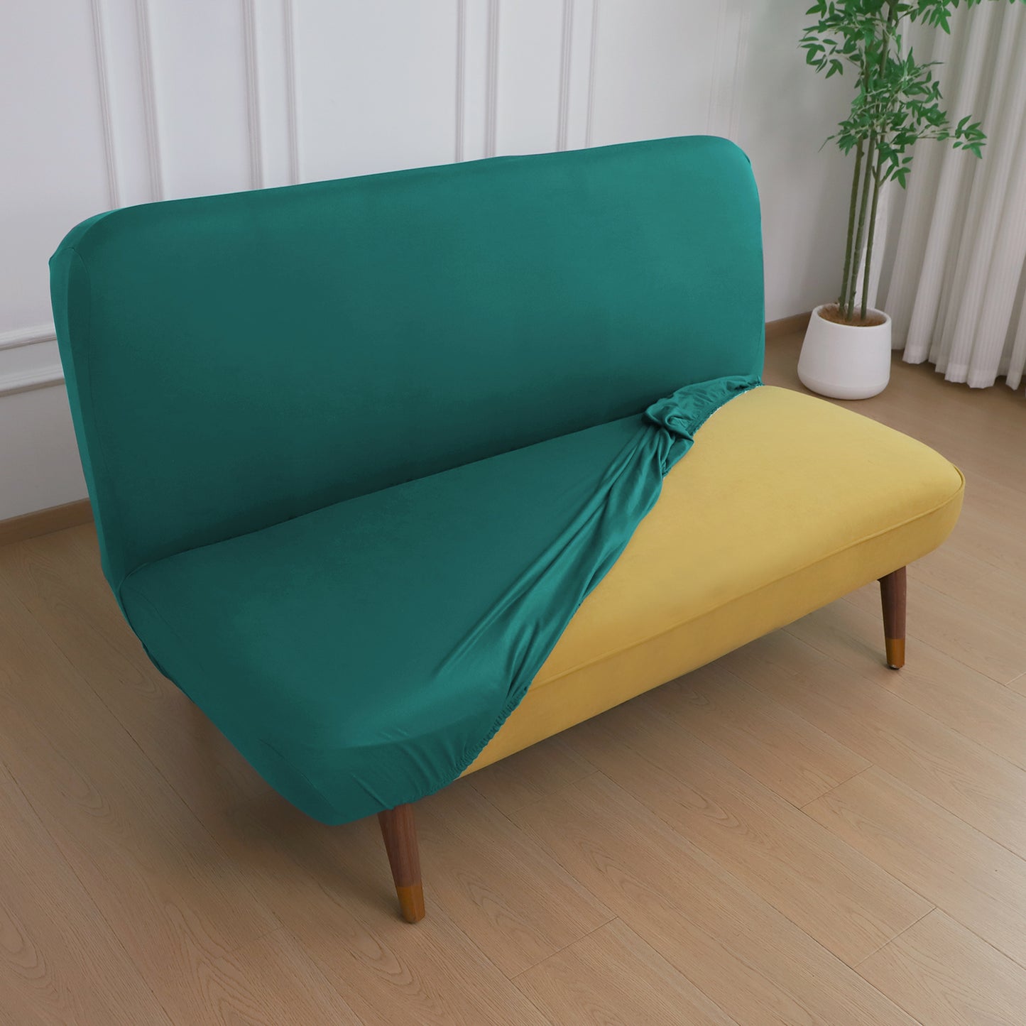 SereneSolids Stretchable Elastic Armless Sofa Cover – 140 GSM, Futon Slipcover, Easy Fit, Teal