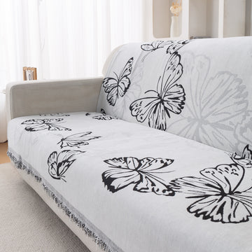 Premium 320 GSM Chenille Sofa Cover 'Serene Abode Series', Monochrome Butterfly