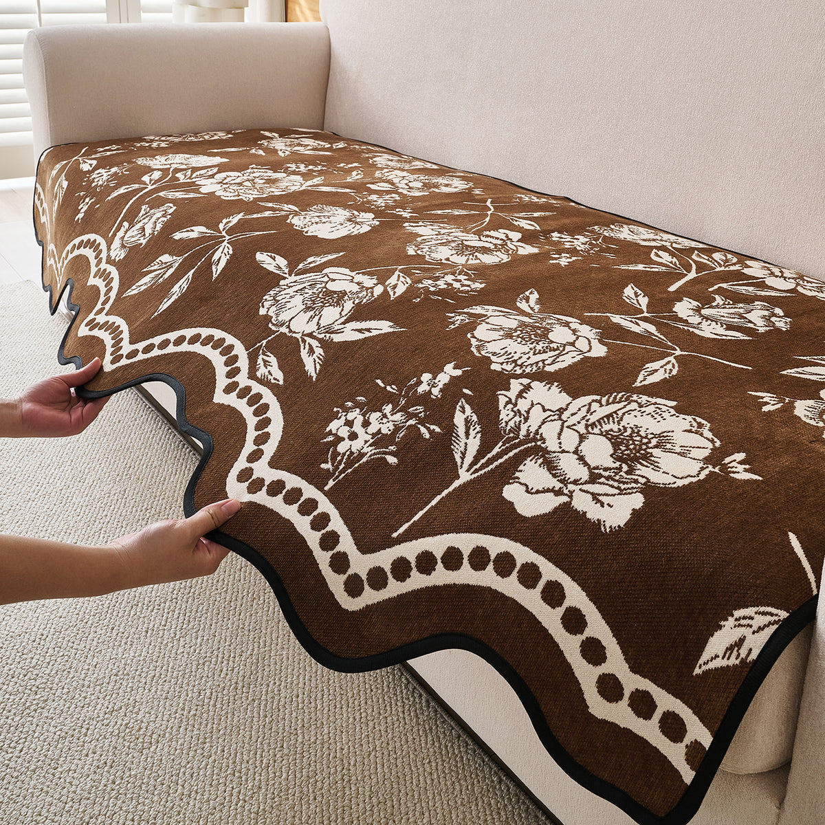 Chenille Sofa Cover Mat with Curvy Edges, 'Retro Curves Series' Sofa Mat, Walnut Brown