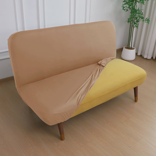 SereneSolids Stretchable Elastic Armless Sofa Cover – 140 GSM, Futon Slipcover, Easy Fit, Camel