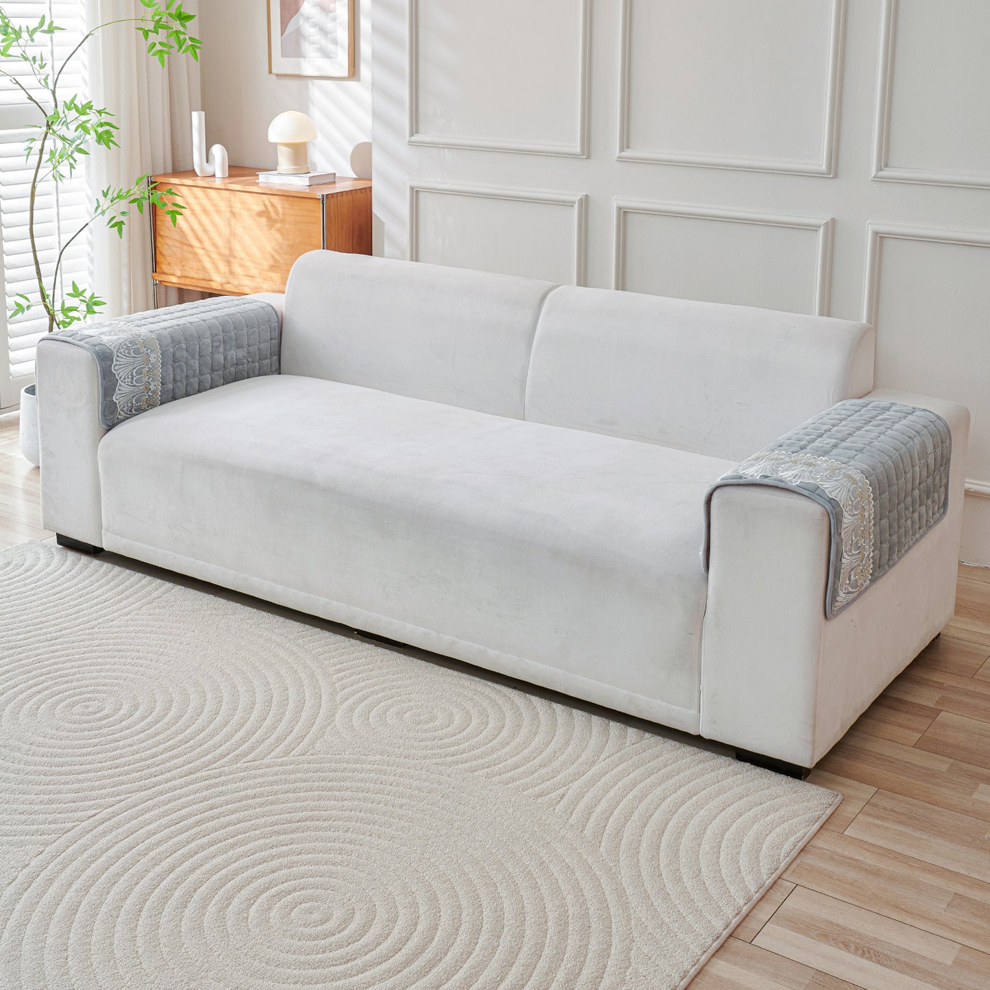BelleLace Series Imperial Milk Velvet Sofa Cover Mat with Lace Design - Cloud Grey