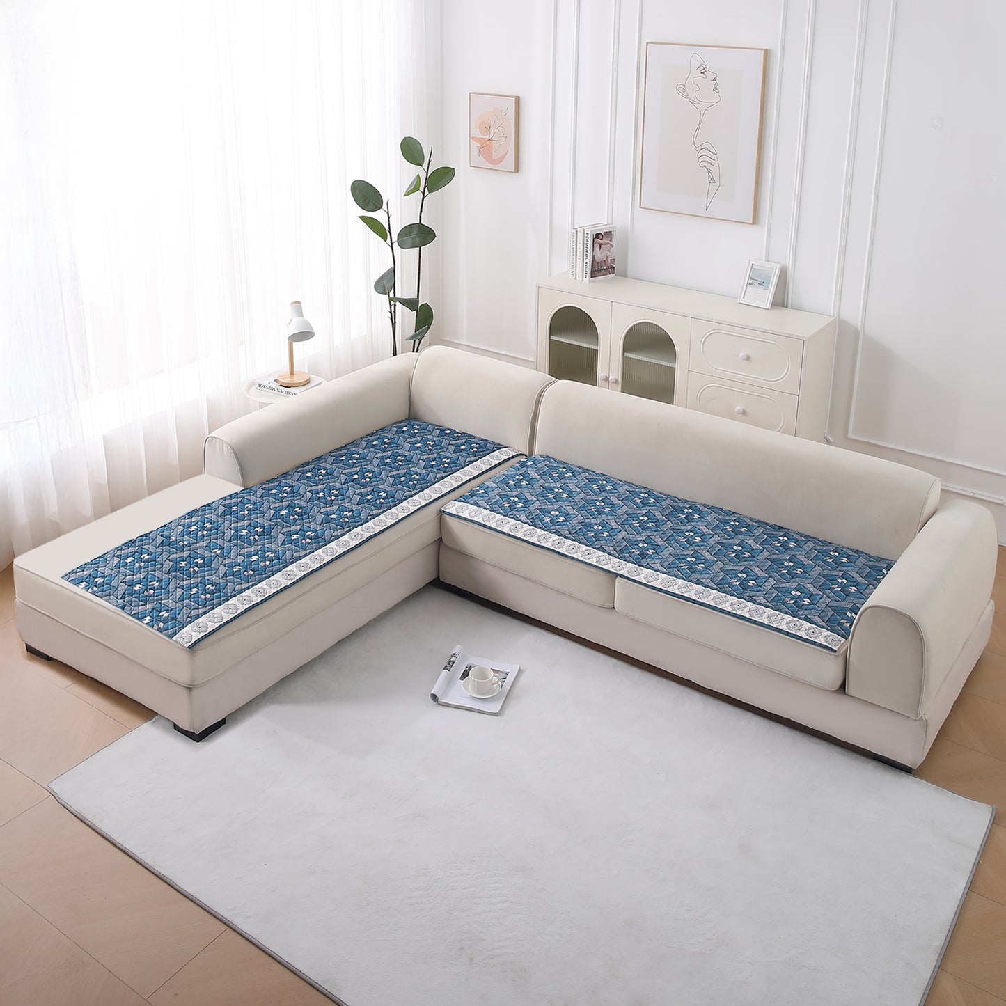 LiefNest Printed Holland Velvet L Shape Sofa Seat Mat with Foam Filling - Geometric Floral Oriental Blue