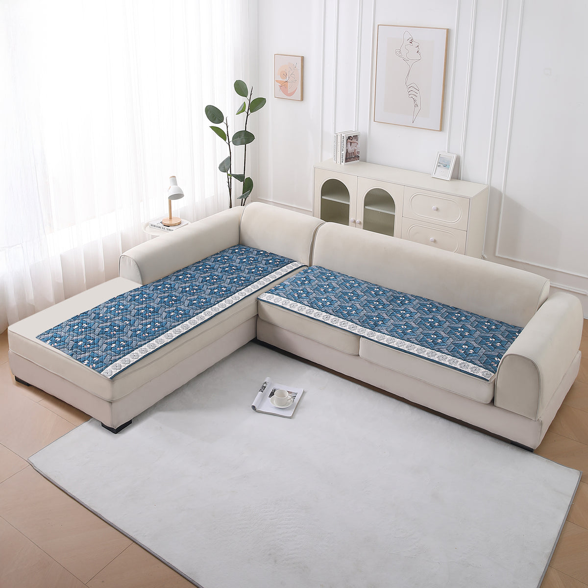 LiefNest Printed Holland Velvet L Shape Sofa Seat Mat with Foam Filling - Geometric Floral Oriental Blue