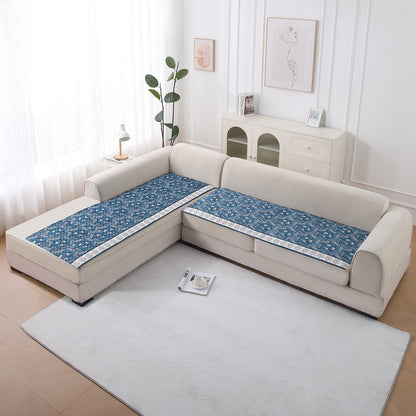 LiefNest Printed Holland Velvet L Shape Sofa Seat Mat with Foam Filling - Geometric Floral Oriental Blue