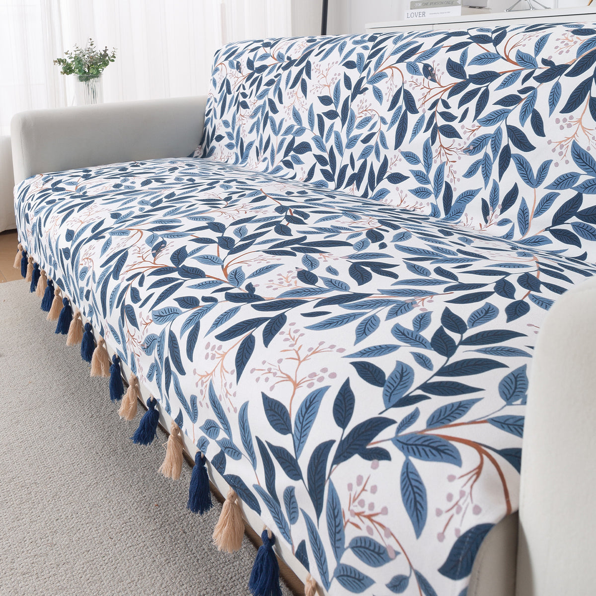 'Whispers of Nature' Series Holland Velvet Sofa Cover with Tassel, Indigo Foliage