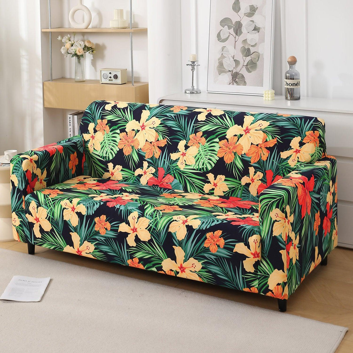 Spring Green Hibiscus Printed modern elastic 3 seater sofa cover​s