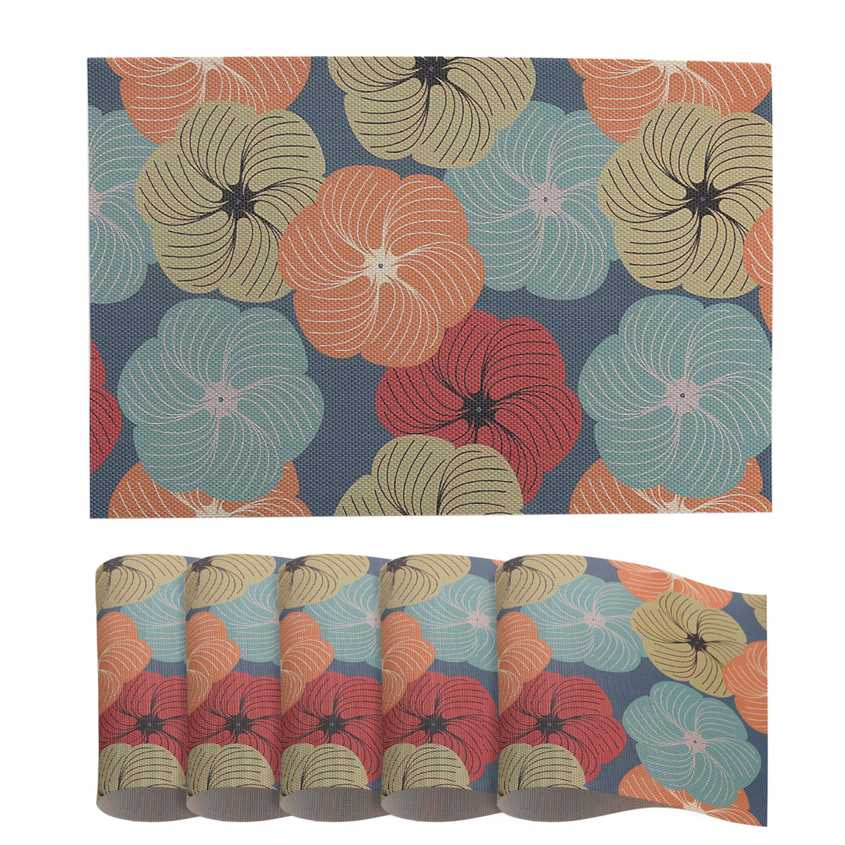 Color Splash PVC Mats for Dining Table, Floral Wheel - Teal Blue