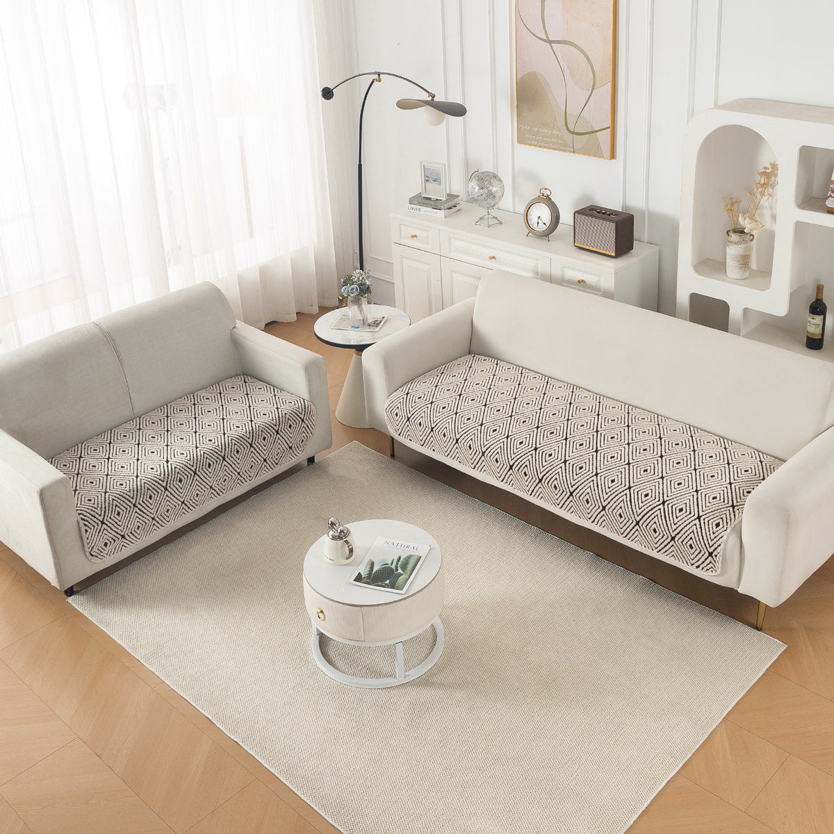 Luxury Plush Sherpa Anti Slip Combination Sofa Mat, 'Noirea Series'|Geometric Diamond